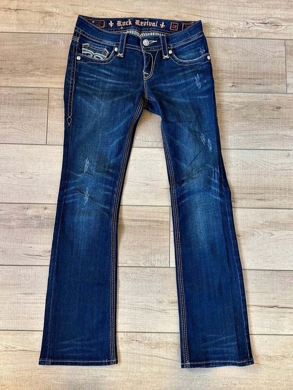 Rock Revival Leona Boot Jeans Distressed Dark Wash Women’s Size 28